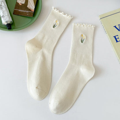 Rufia - Floral Embroidered Ruffled Mid-Calf Socks