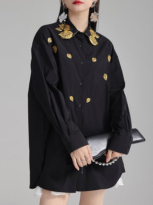 Long Sleeves Loose Buttoned Embroidered Split-Side Lapel Blouses&Shirts Tops