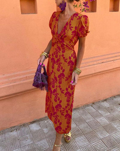 Elegant leaf print deep V puff sleeve A-line dress