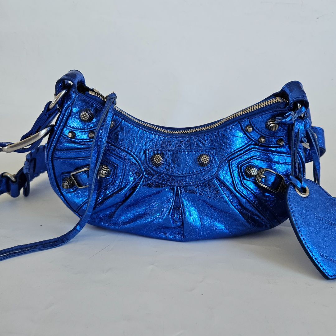 Balenciaga Le Cagole XS Blue Metallic Leather Shoulder Bag