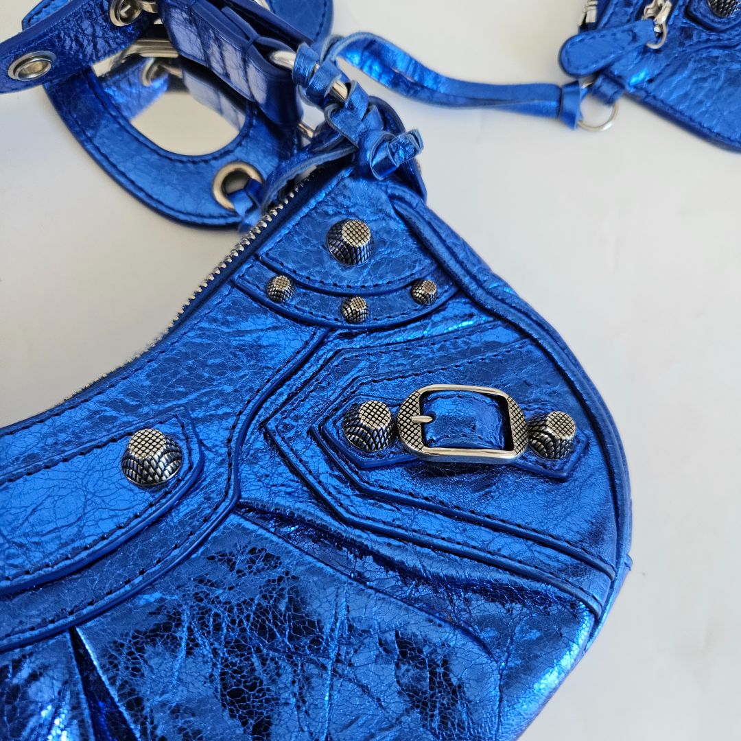 Balenciaga Le Cagole XS Blue Metallic Leather Shoulder Bag