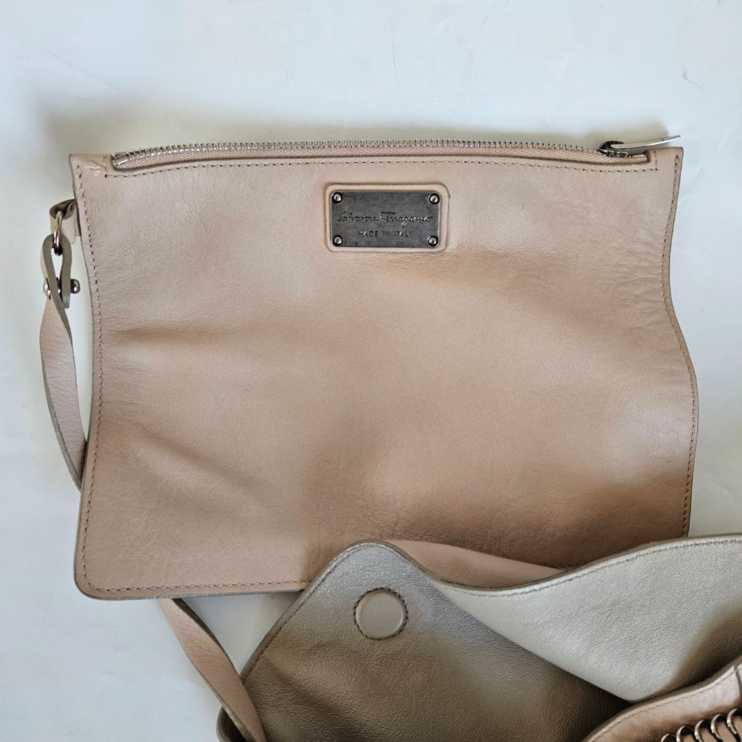 Salvatore Ferragamo Beige Leather Stitch Shoulder Aria Hobo Bag