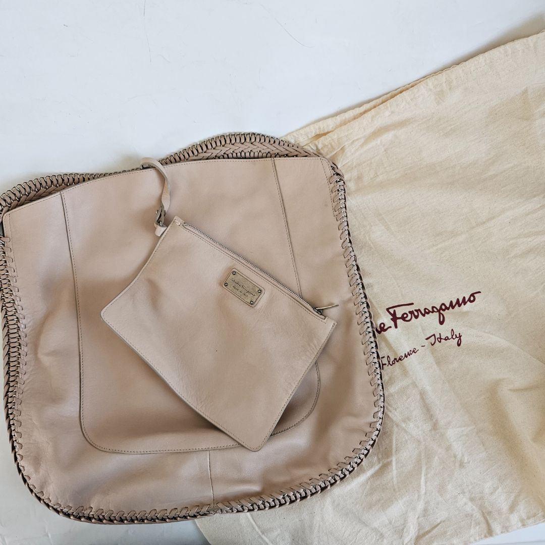 Salvatore Ferragamo Beige Leather Stitch Shoulder Aria Hobo Bag