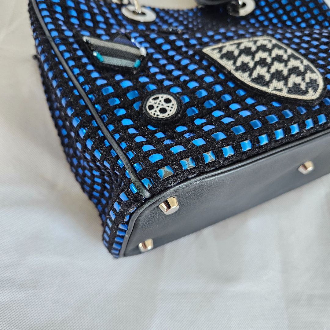 Dior Metallic Blue/Black Tweed and Leather Medium