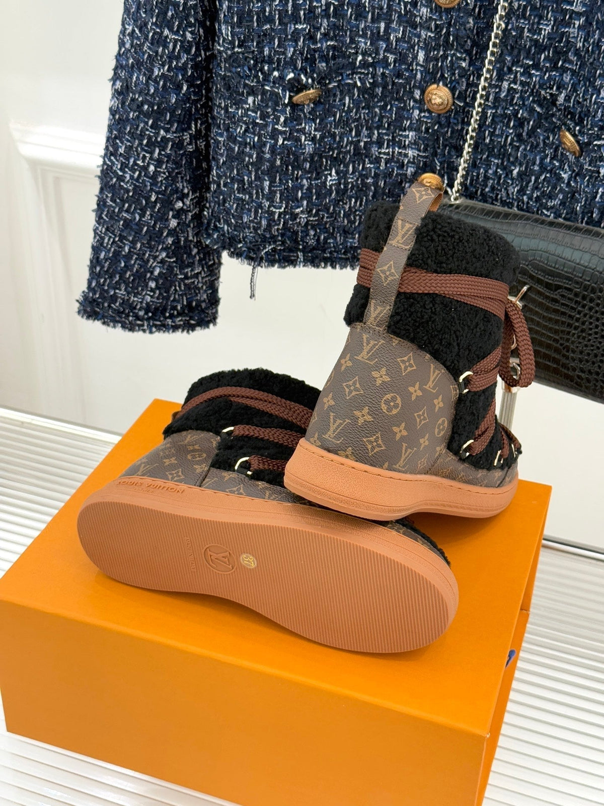 LV Cloud Lace-Up Ankle Boot Sneaker Black- Brown Shearling Monogram Canvas 572467