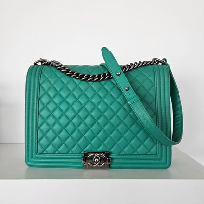 Chanel Green Large Quilted Leather Le Boy Bag
