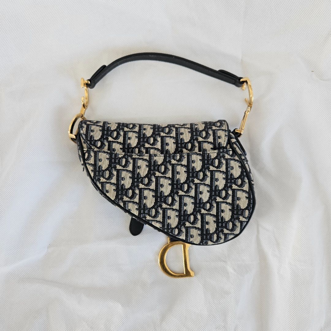 Dior Navy Blue Oblique Canvas and Leather Mini Saddle Bag