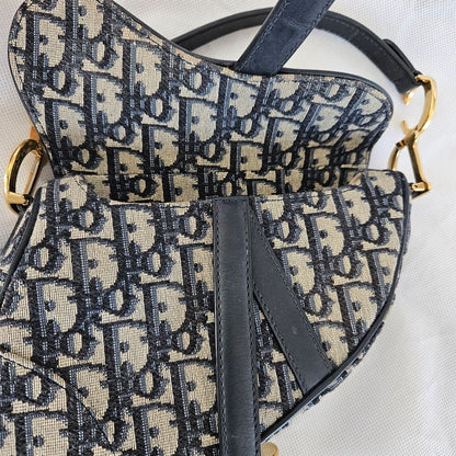 Dior Navy Blue Oblique Canvas and Leather Mini Saddle Bag