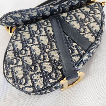 Dior Navy Blue Oblique Canvas and Leather Mini Saddle Bag