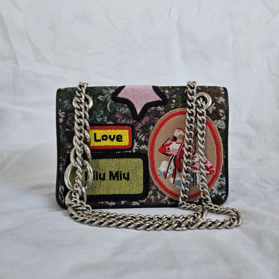 Miu Miu Leather trimmed qppliqued floral-jacquard bag