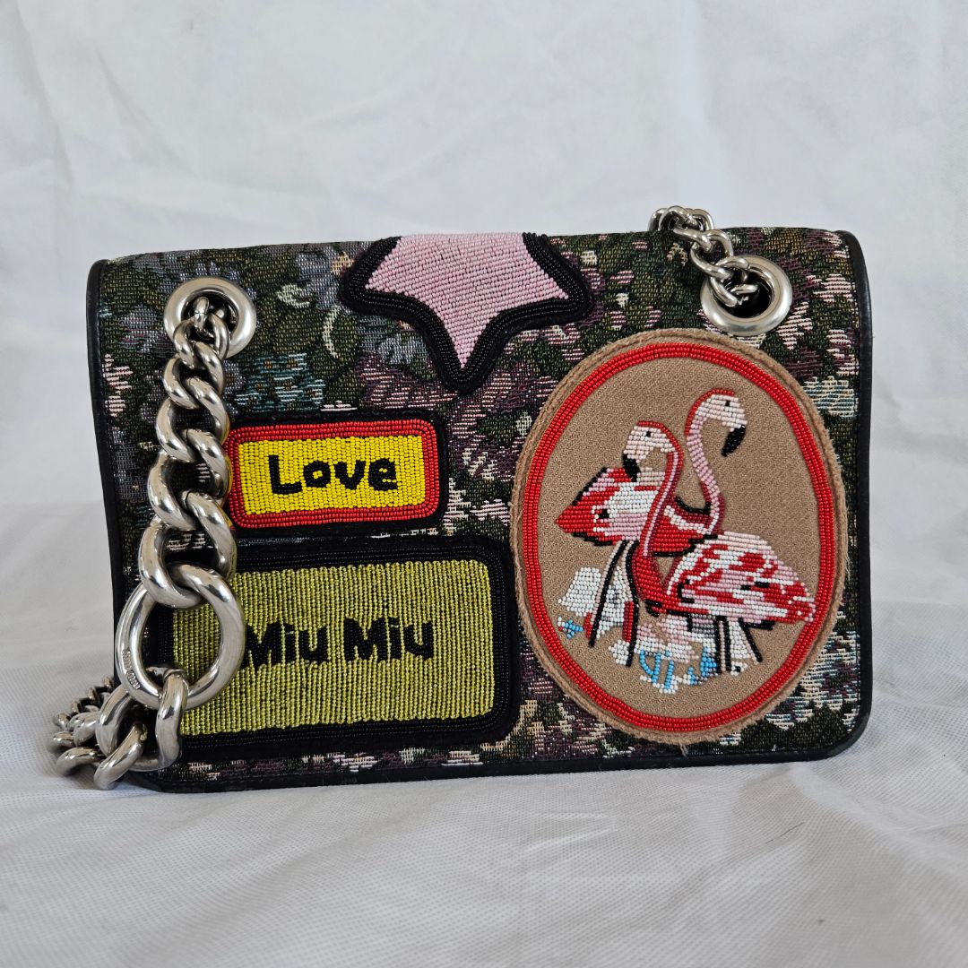 Miu Miu Leather trimmed qppliqued floral-jacquard bag