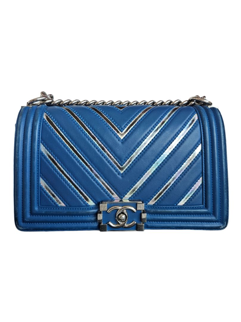 Chanel Blue Lambskin Iridescent PVC Chevron Quilted Boy Flap Bag