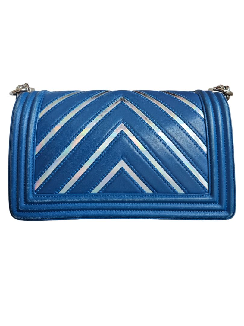 Chanel Blue Lambskin Iridescent PVC Chevron Quilted Boy Flap Bag