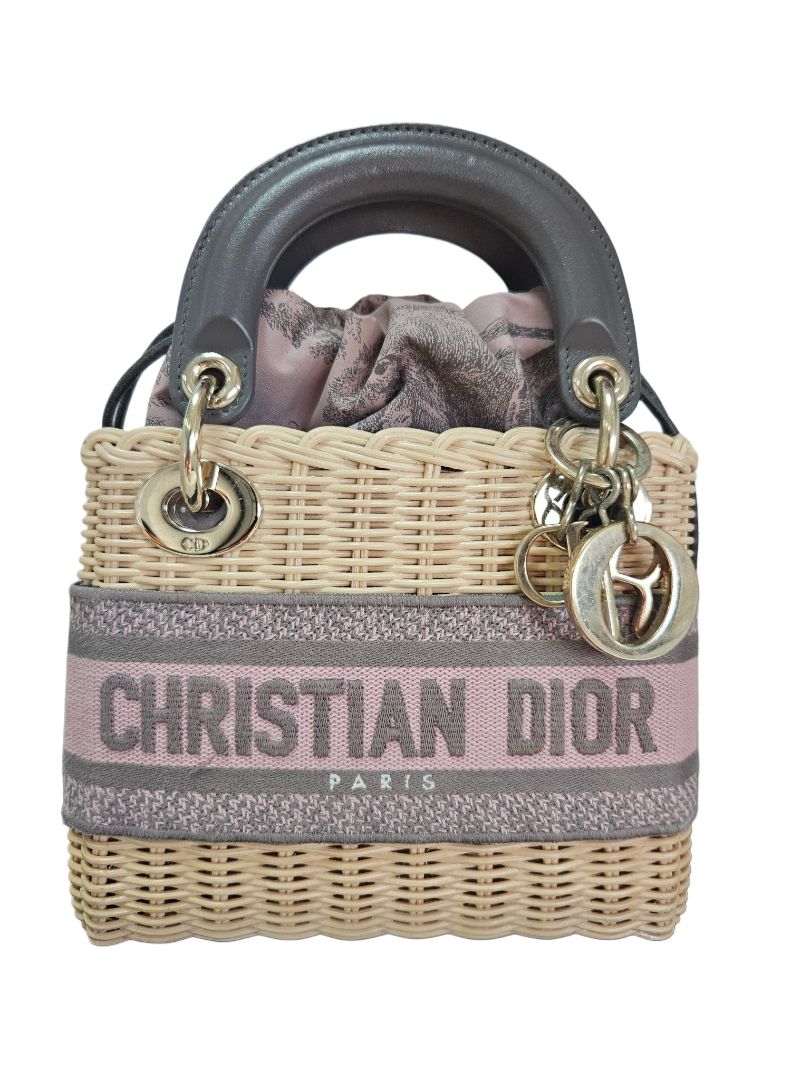 Christian Dior Pink/Beige Canvas & Wicker Mini Lady Dior Top Handle Bag