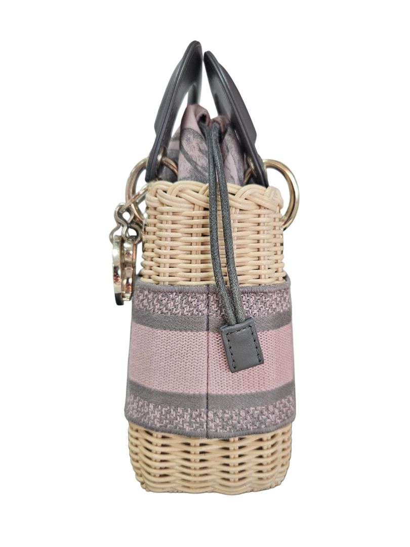 Christian Dior Pink/Beige Canvas & Wicker Mini Lady Dior Top Handle Bag