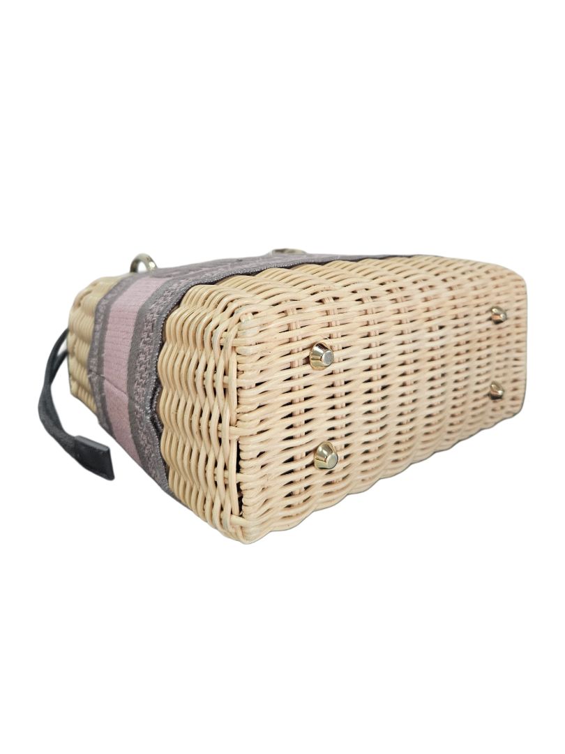 Christian Dior Pink/Beige Canvas & Wicker Mini Lady Dior Top Handle Bag