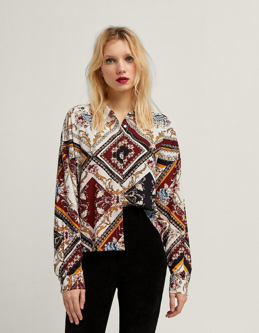 Printed Geometric Pattern Shirt Loose Stand Collar Top