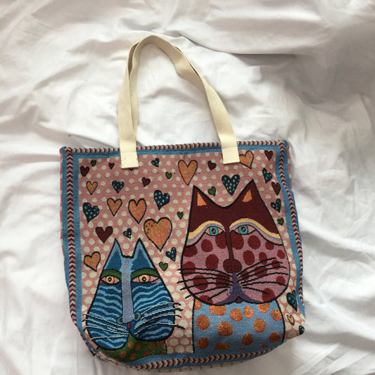 Cat-Themed Canvas Shoulder Bag Trendy Large Tote