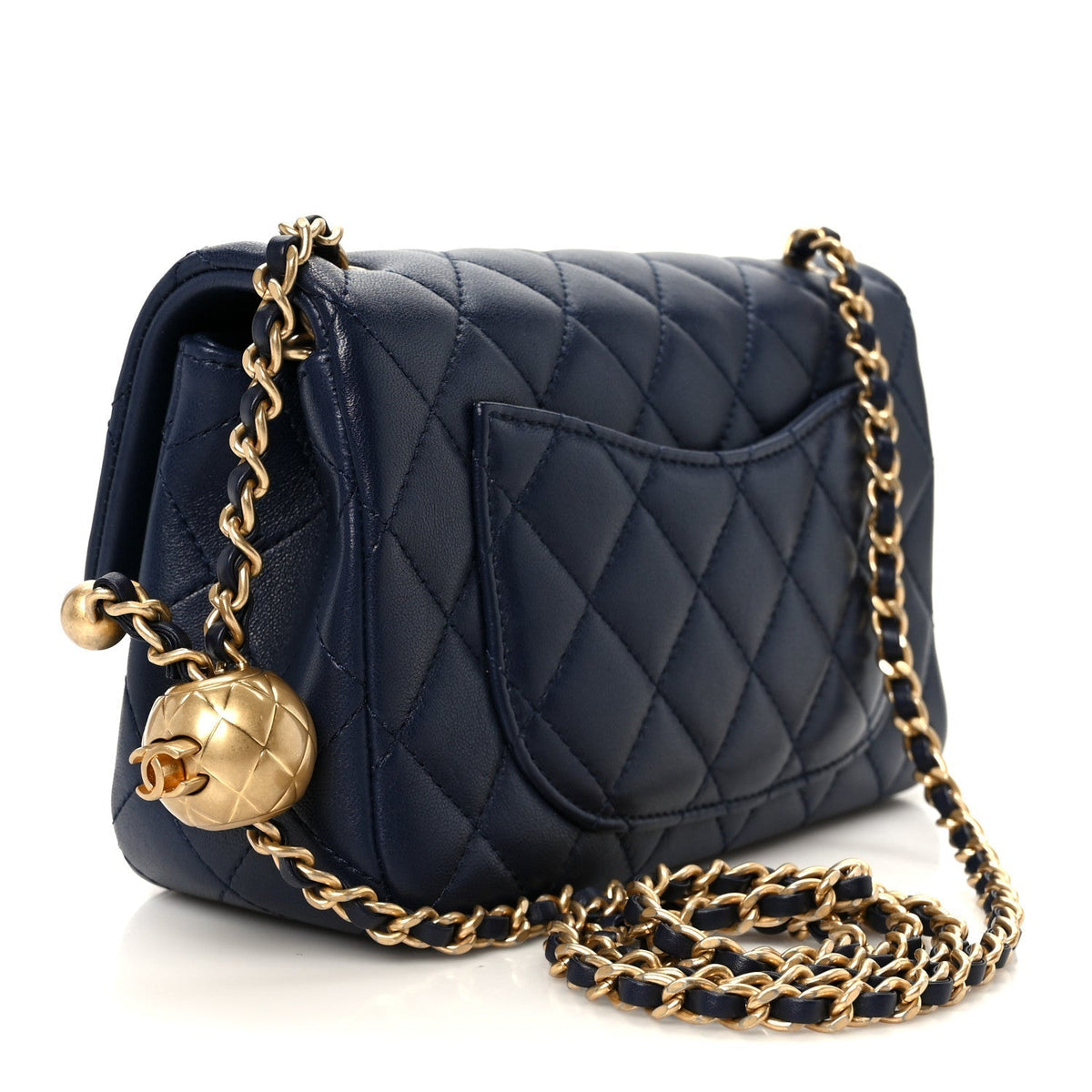 Lambskin Quilted Mini Pearl Crush Rectangular Flap Navy Blue