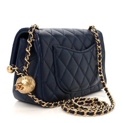 Lambskin Quilted Mini Pearl Crush Rectangular Flap Navy Blue