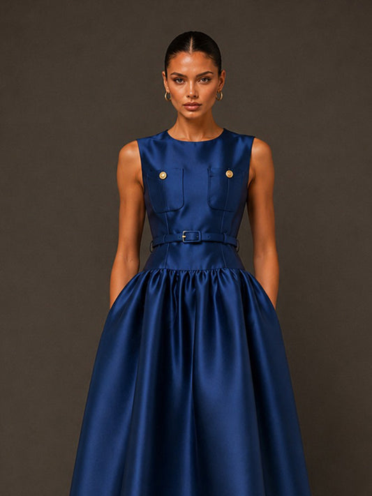 Lydia Sleeveless Round-Neck Midi Dress with Buttons and Pockets