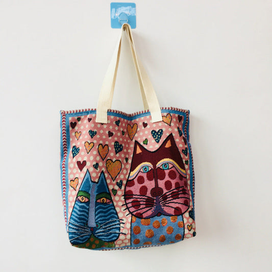 Cat-Themed Canvas Shoulder Bag Trendy Large Tote