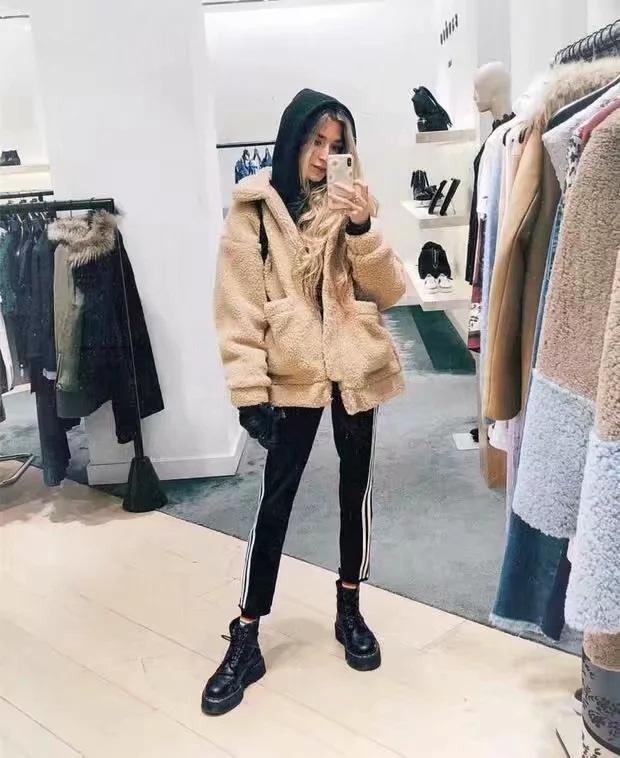 Loose Padded Warm Lamb Lamb Leisure Lapel Double Pocket Coat