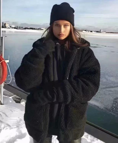 Loose Padded Warm Lamb Lamb Leisure Lapel Double Pocket Coat