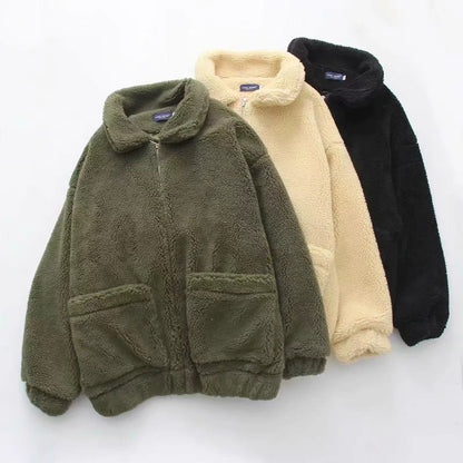 Loose Padded Warm Lamb Lamb Leisure Lapel Double Pocket Coat