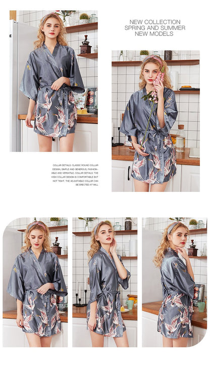 Silk Crane Pajama Girl Summer Mid Sleeve Bride Morning Robe Big Yard Home Robe Bathrobe Color34