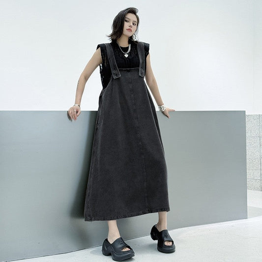 Cotton Polyester Denim Pinafore Dress Loose Paneled