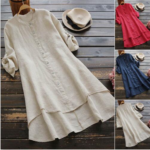 Summer Women'S Solid Button Cotton Linen Long Sleeve Long Shirt Dress