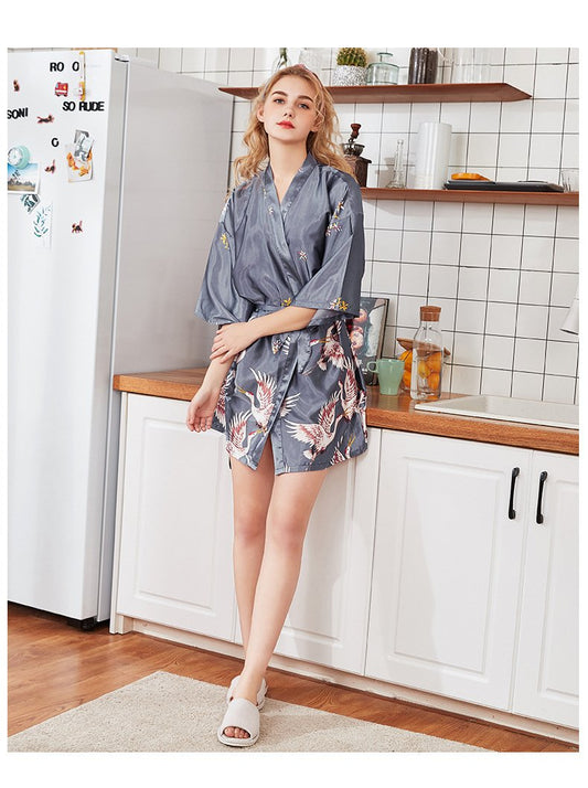 Silk Crane Pajama Girl Summer Mid Sleeve Bride Morning Robe Big Yard Home Robe Bathrobe Color34