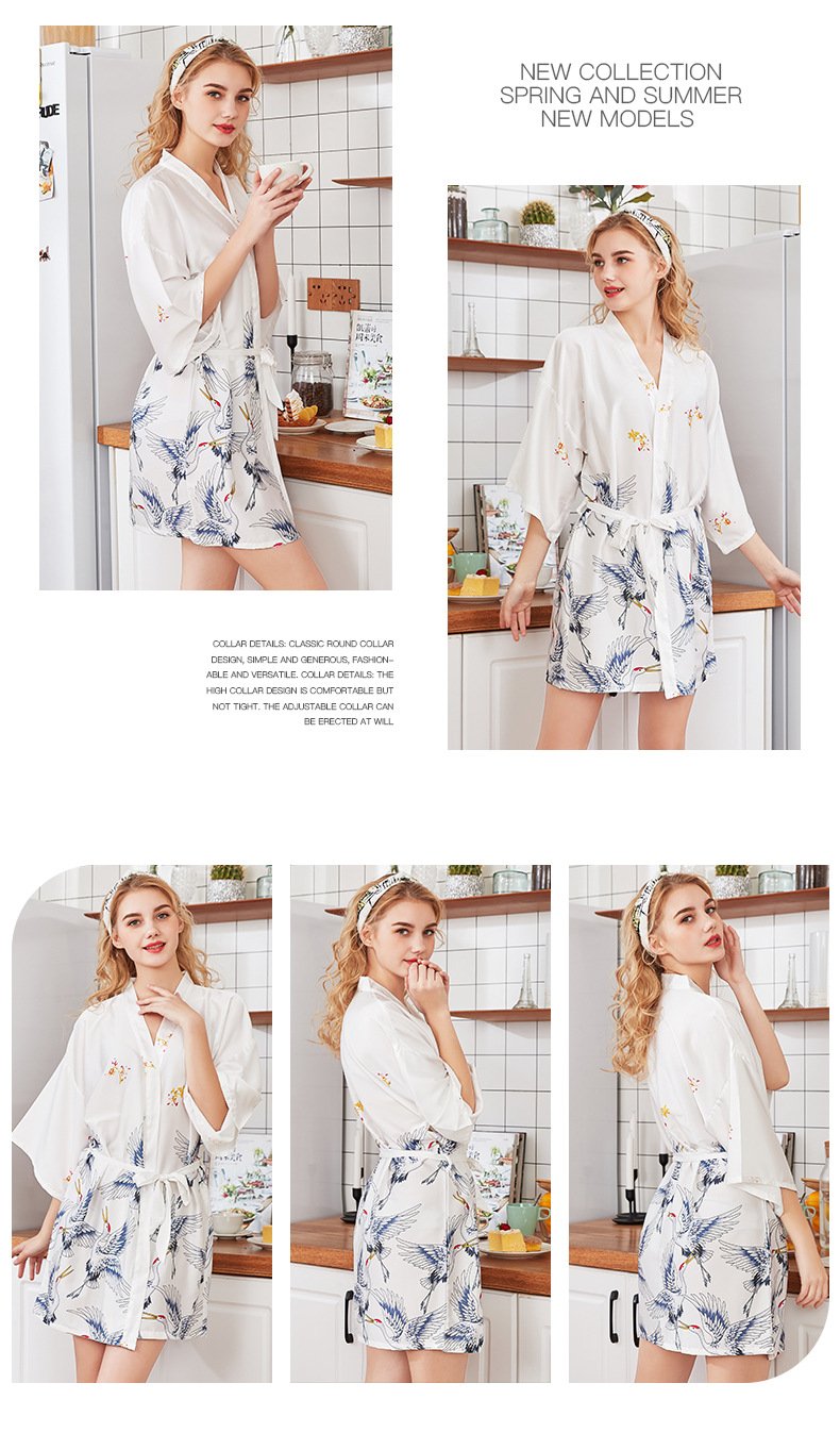 Silk Crane Pajama Girl Summer Mid Sleeve Bride Morning Robe Big Yard Home Robe Bathrobe