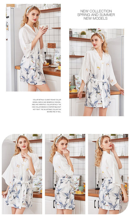 Silk Crane Pajama Girl Summer Mid Sleeve Bride Morning Robe Big Yard Home Robe Bathrobe