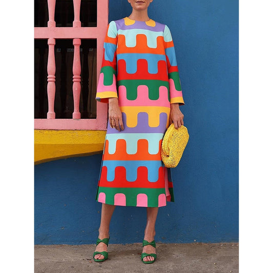 Long Sleeves Loose Printed Split-Side Round-Neck Maxi Dresses Midi Dresses