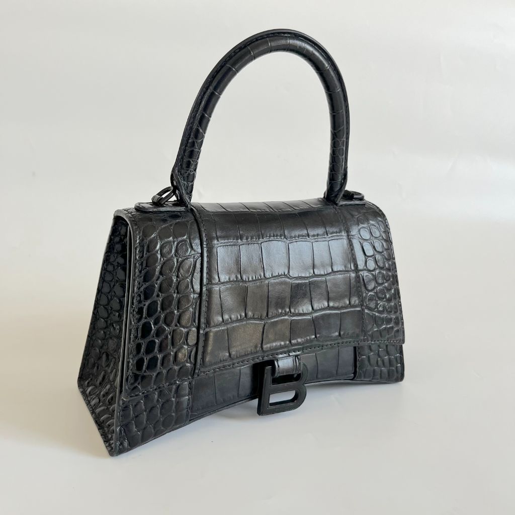 Balenciaga black croc embossed small hourglass bag