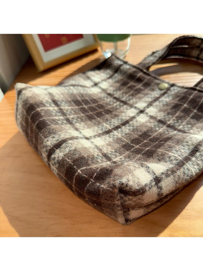 Cosbai - Vintage Canvas Shoulder Bag with Plaid Patterns