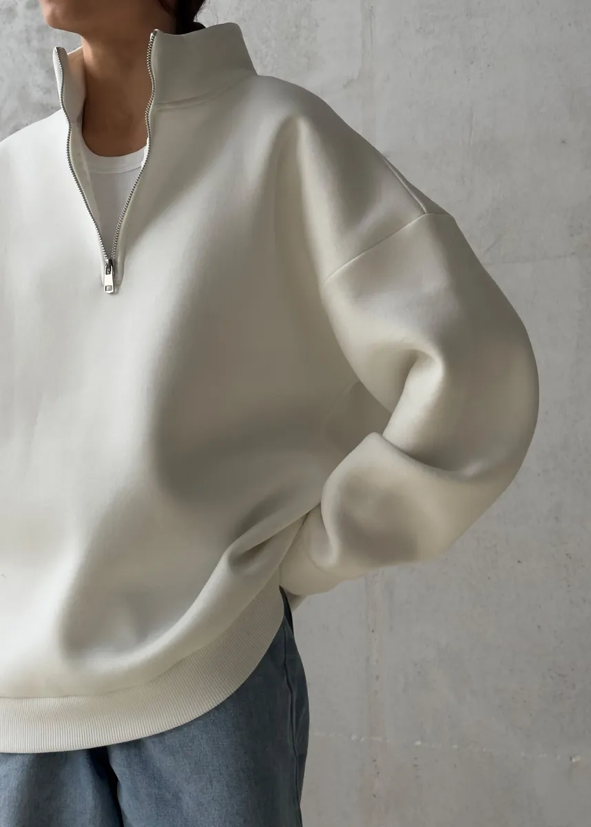 Oversized Cotton Blend Fleece Pullover With Tall Collar