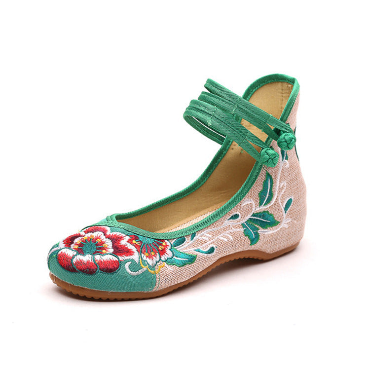Ethnic Style Vintage Disc Buckle Embroidered Cloth Shoes Spring And Autumn Flax Round Toe Women'S Single Shoes