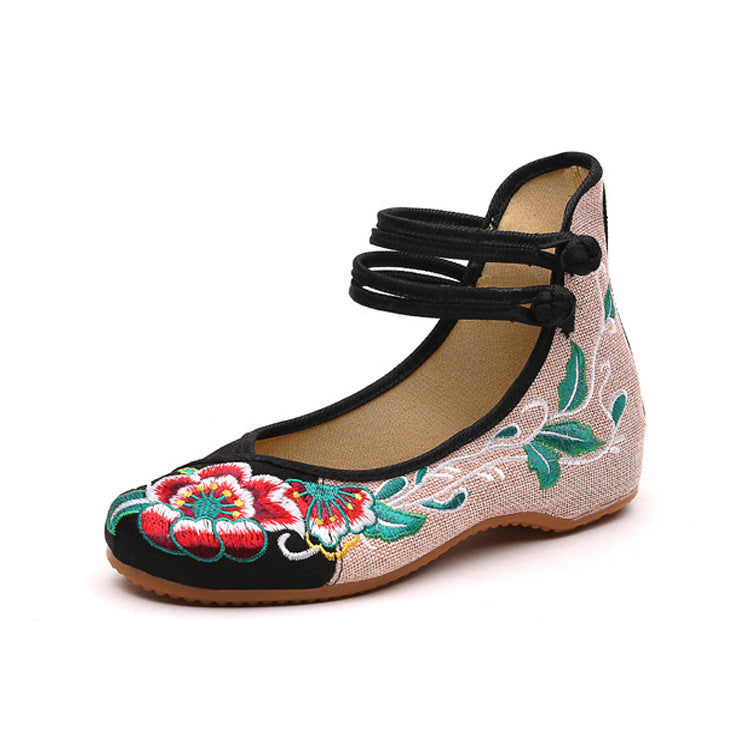 Ethnic Style Vintage Disc Buckle Embroidered Cloth Shoes Spring And Autumn Flax Round Toe Women'S Single Shoes