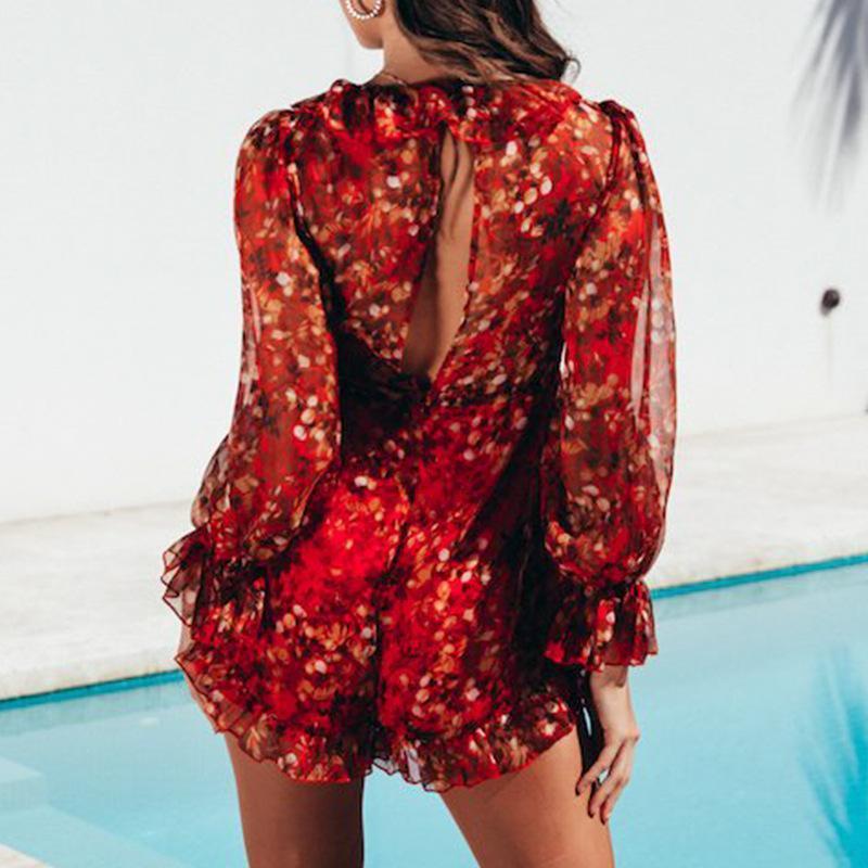 Fashion Red Printed V Neck Lantern Long Sleeve Jumpsuits Romper