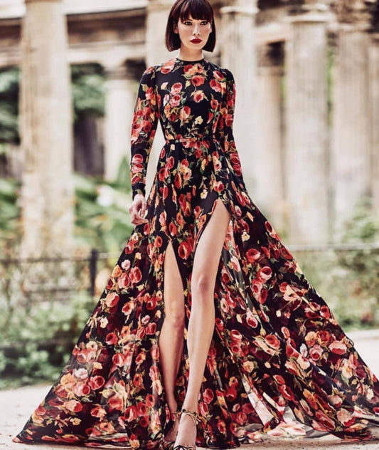 Summer New Women'S Print Big Swing Dress Split Long Skirt Beach Skirt