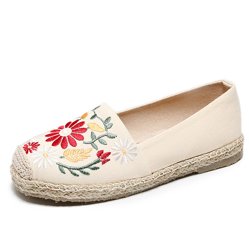 Spring New Straw Linen Shoes Ethnic Style Embroidery Flower Women'S Single Shoes Breathable And Sweat-Absorbing Flat Bottom Shoes