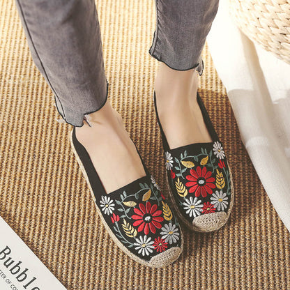 Spring New Straw Linen Shoes Ethnic Style Embroidery Flower Women'S Single Shoes Breathable And Sweat-Absorbing Flat Bottom Shoes
