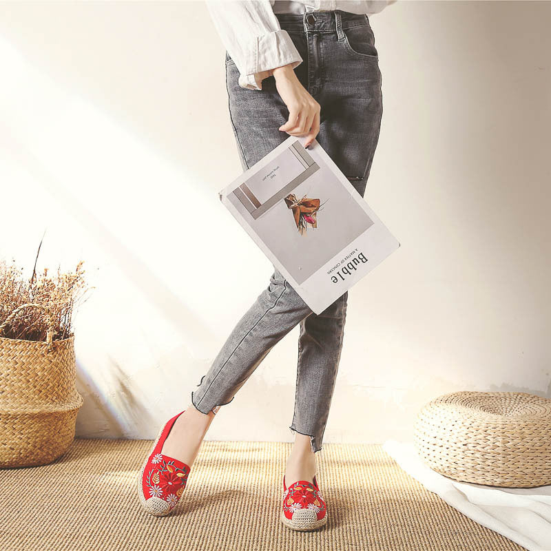 Spring New Straw Linen Shoes Ethnic Style Embroidery Flower Women'S Single Shoes Breathable And Sweat-Absorbing Flat Bottom Shoes