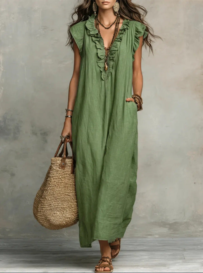 Boho Ruffled V-neck Linen Maxi Dress