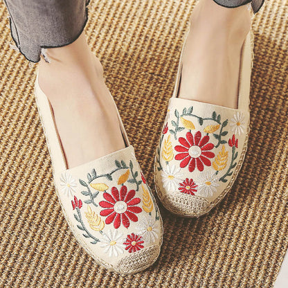 Spring New Straw Linen Shoes Ethnic Style Embroidery Flower Women'S Single Shoes Breathable And Sweat-Absorbing Flat Bottom Shoes