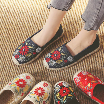 Spring New Straw Linen Shoes Ethnic Style Embroidery Flower Women'S Single Shoes Breathable And Sweat-Absorbing Flat Bottom Shoes