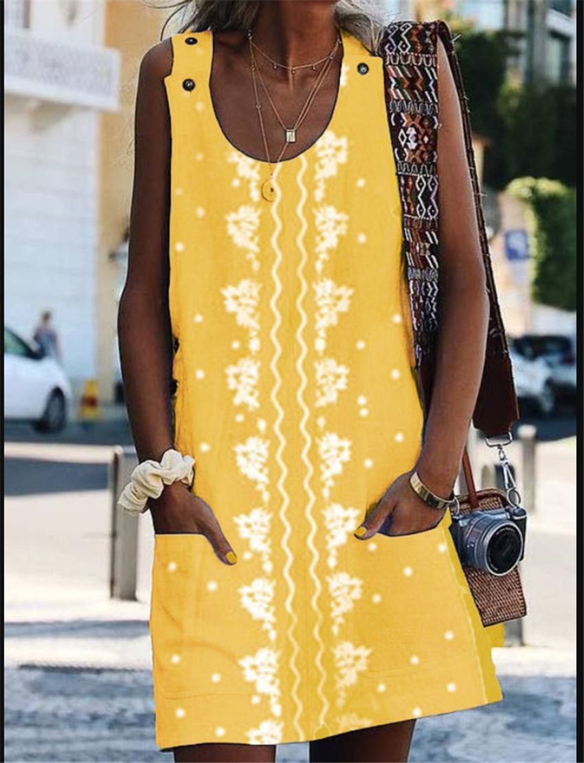 Printed Strap Patch Pocket Short Sleeve Dress For Women